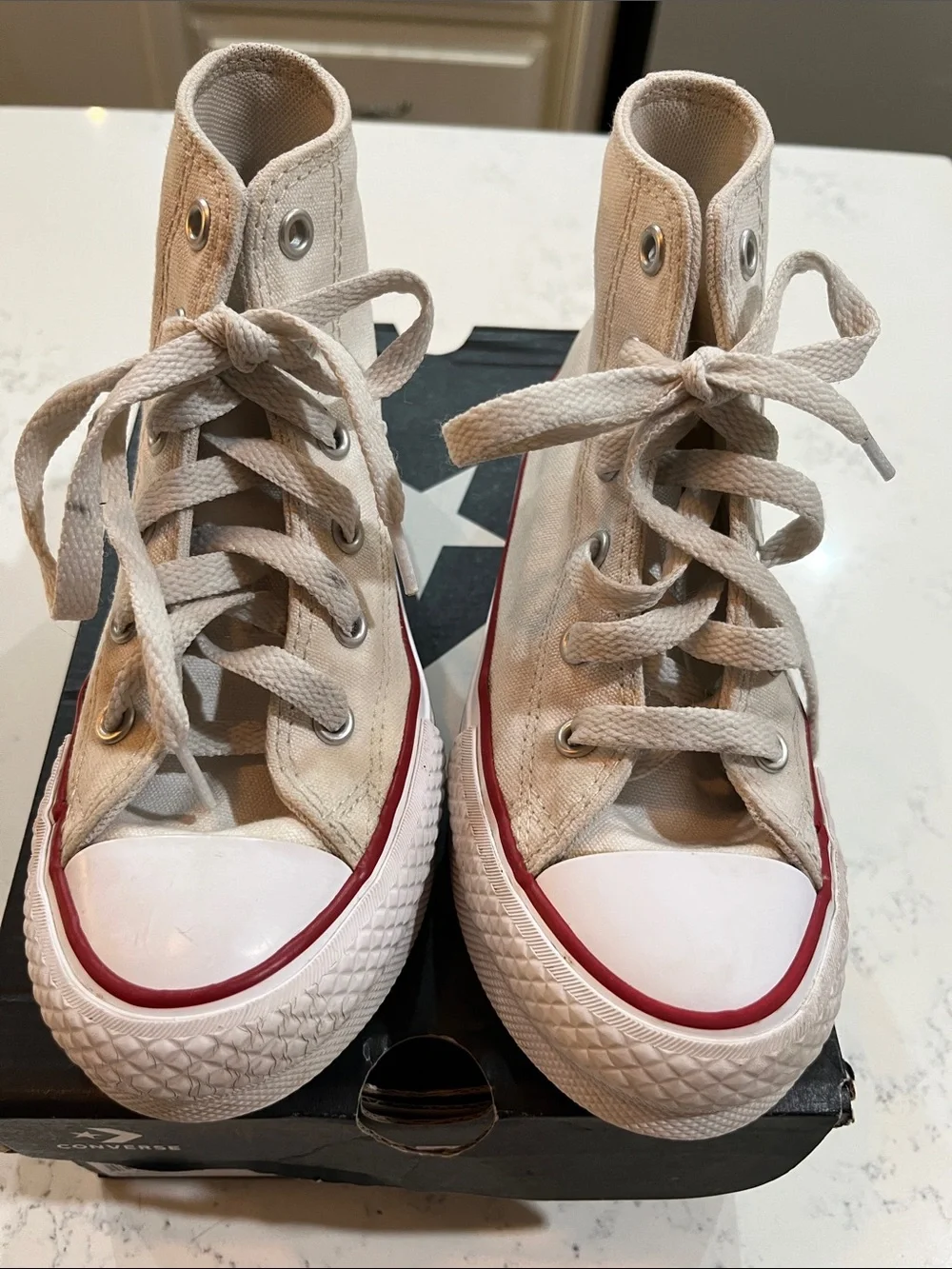 Converse High Top Sneakers - Cream with Red & Blue Trim